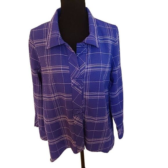Habitat Womens Blouse Button Down High Low Long Sleeve Plaid Blue XS - Picture 1 of 13